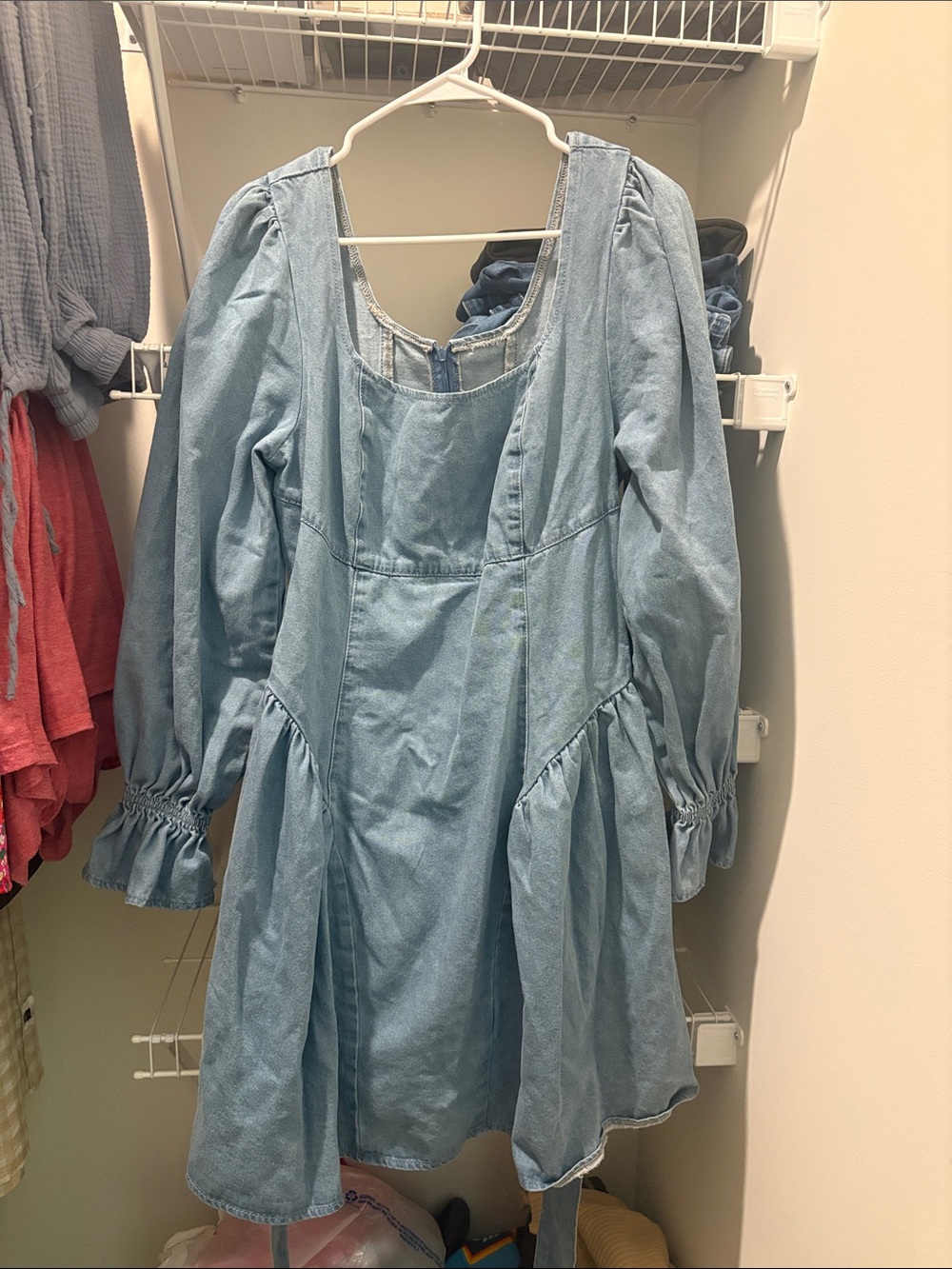SHEIN Light Blue Denim Girls' Puff Sleeve Dress